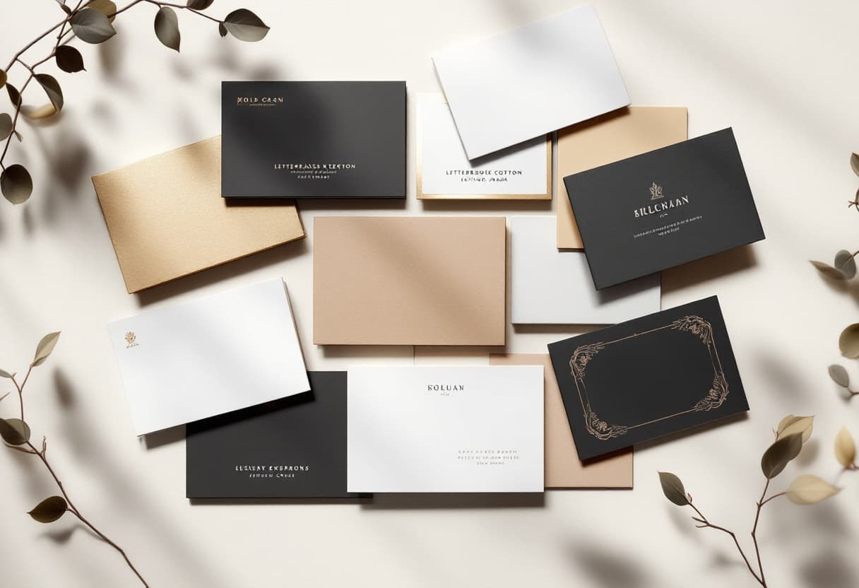 A portfolio of premium business card styles — foil, letterpress, kraft, and edge-painted stocks