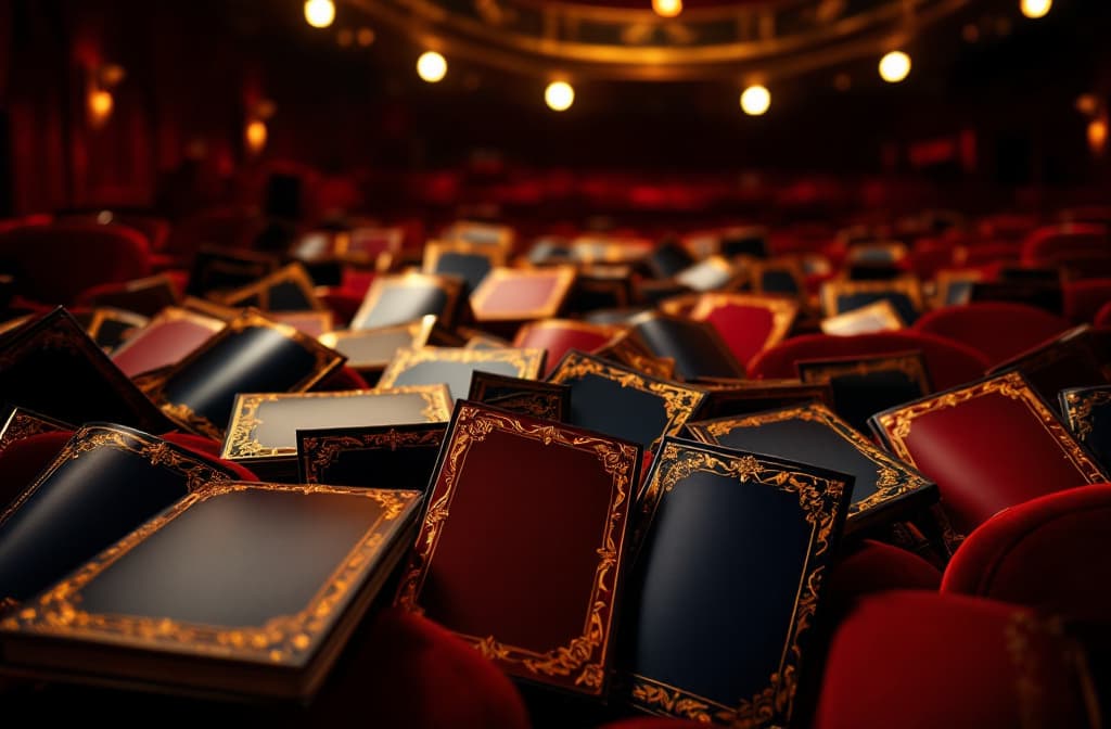 Theater programs with gold ornamental covers spread across red velvet seats