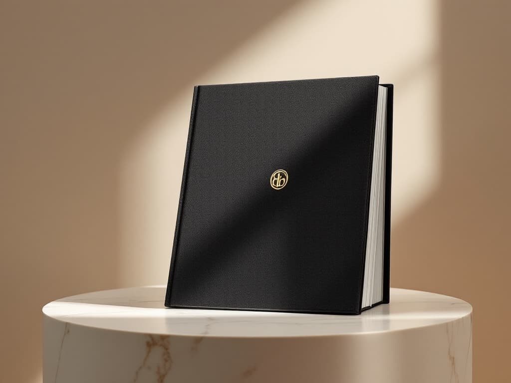 Oversized luxury lookbook with gold foil emblem on black linen cover