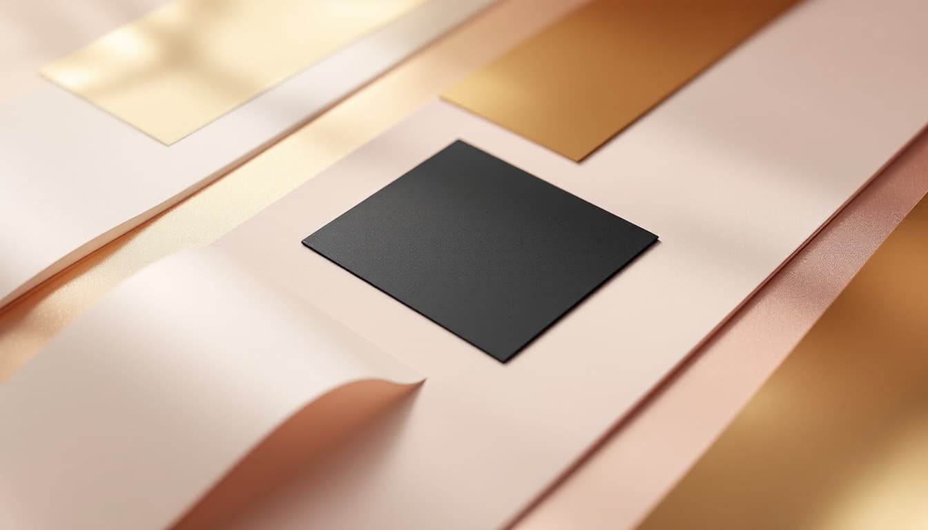 Luxury paper stocks, gold foil strips, and soft-touch samples for fashion printing