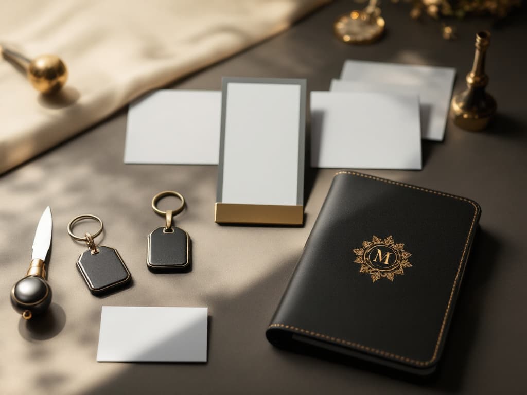 Boutique hotel print suite — key-card holders, guest compendium, and welcome cards