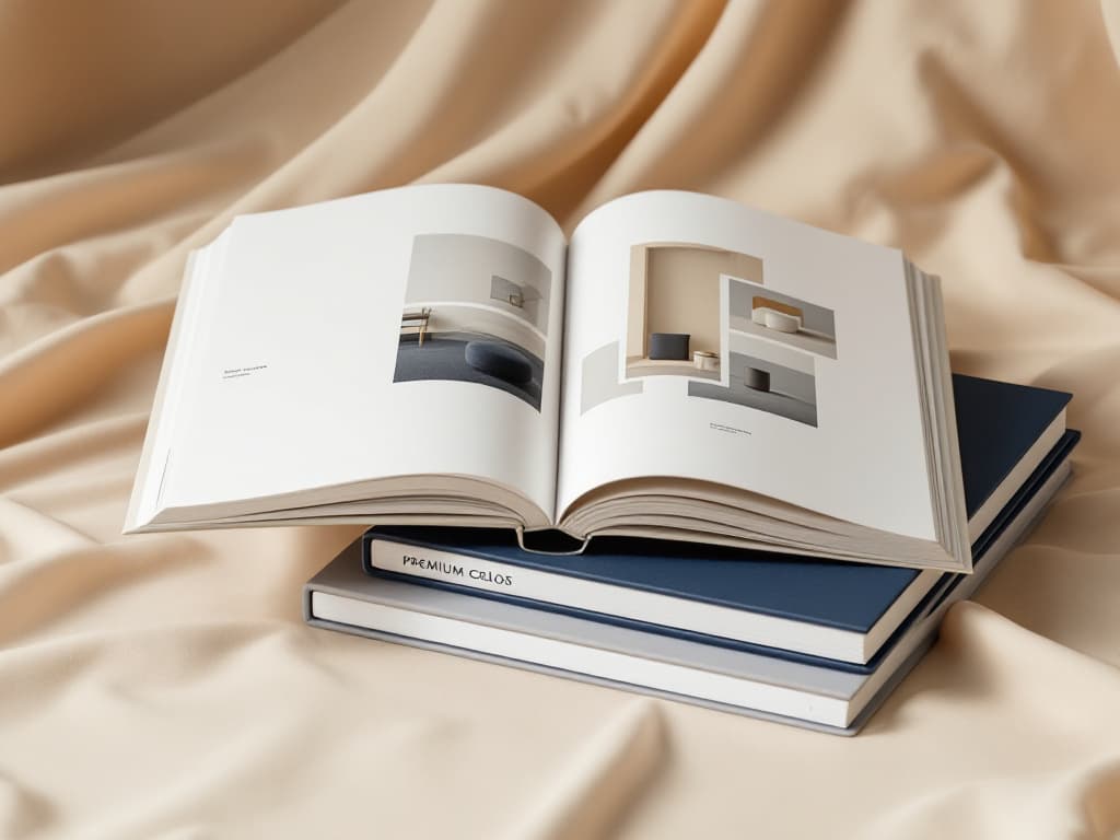 Open product catalog resting on a stack of bound catalogs printed in-house at VSL Print NYC