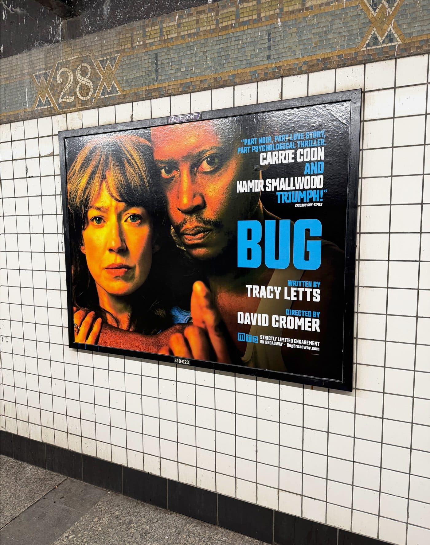 Broadway show poster for BUG displayed in an NYC subway station, printed by VSL Print
