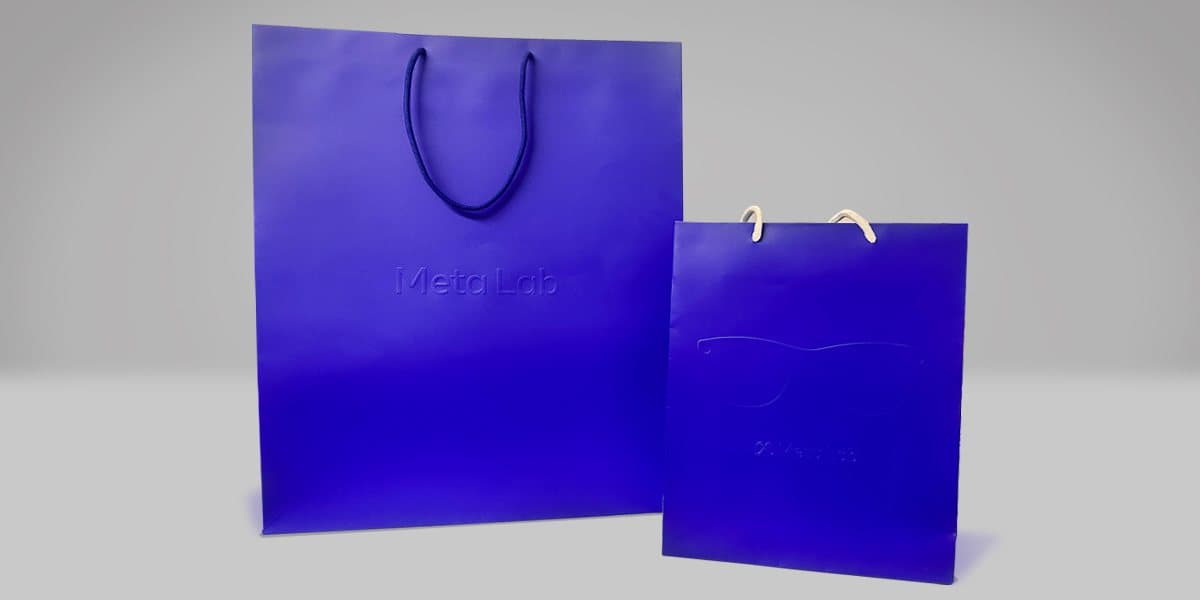 Meta Lab blue embossed shopping bags produced for Ray-Ban Meta